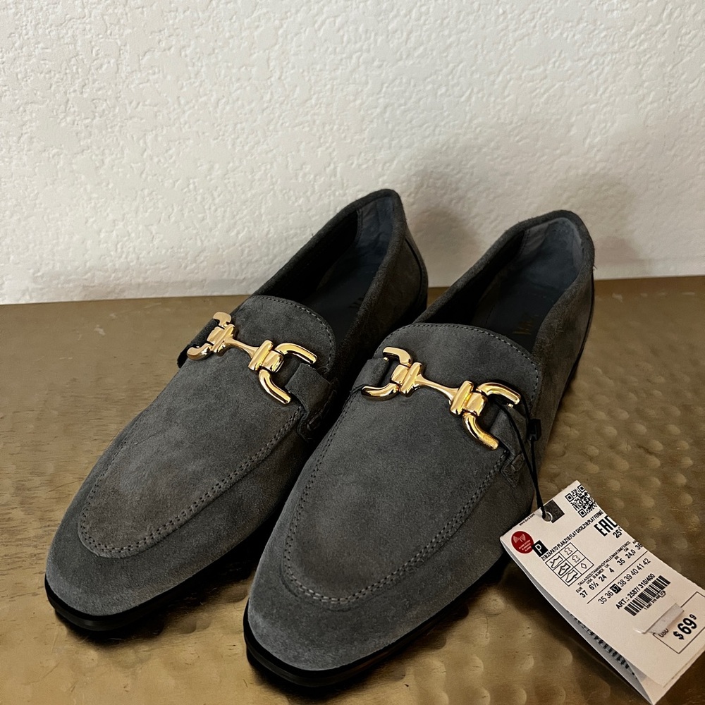 Zara Gray and Gold Slip-On Loafers with Horsebit Accent
